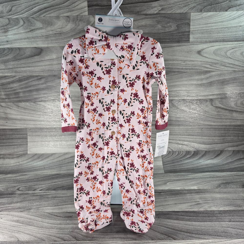 NWT Baby Gear Girls 0-3M Pink Floral Footed Coverall Sleeper & Bow Headset 2-Pc